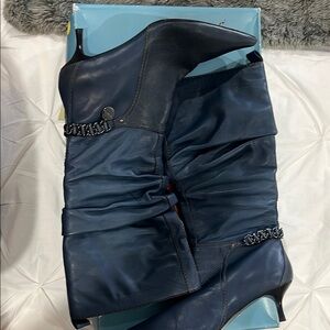 Chic Navy Leather Boots with Chain Detail